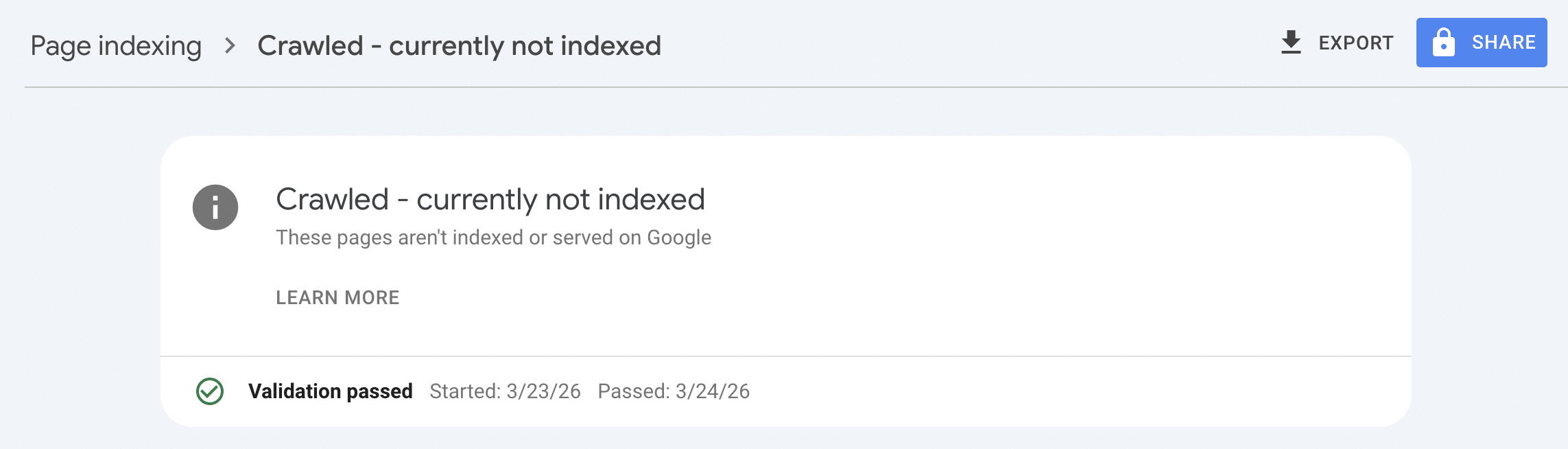 Widok statusu Crawled – currently not indexed w Google Search Console po usunięciu
